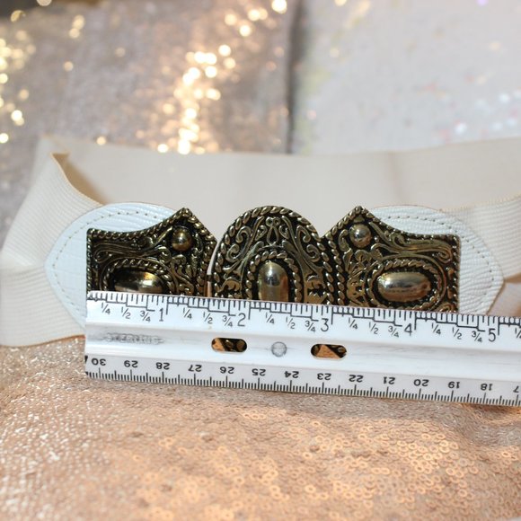 ??1980\'s Hammered Coin Metal Bushed Black White Vintage Elastic Belt 24\
